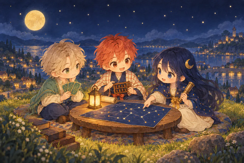 3人の占い師が丘の上で、星の図を囲んで読みくらべている絵