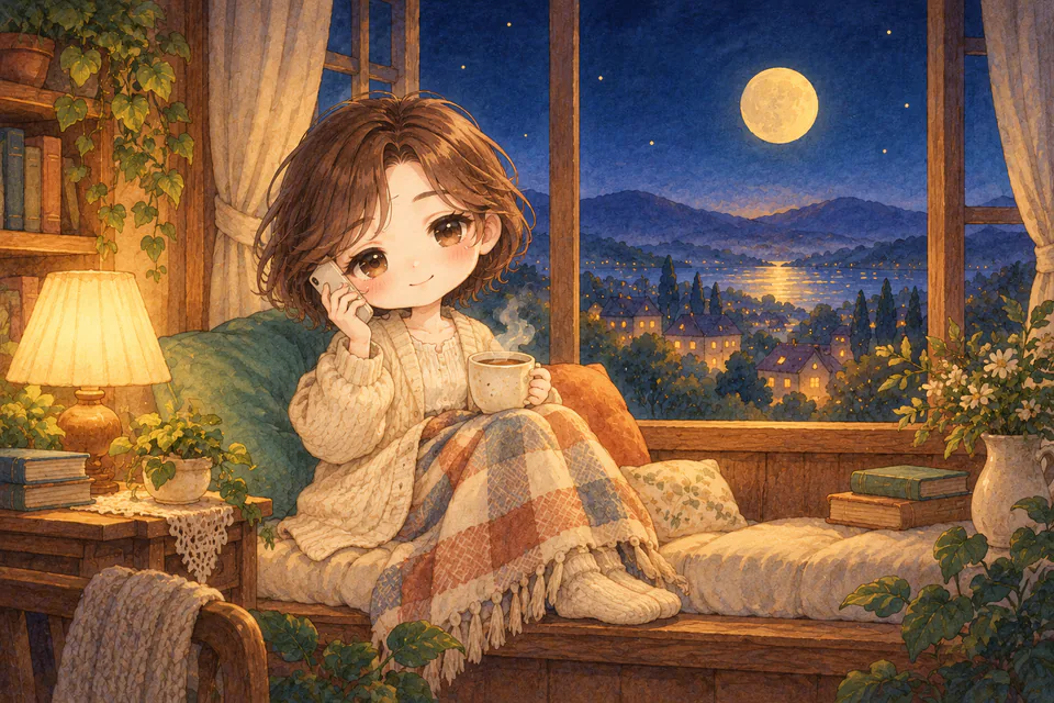 夜の窓辺で、温かい飲み物を手に、電話で話してほっとしている人の絵