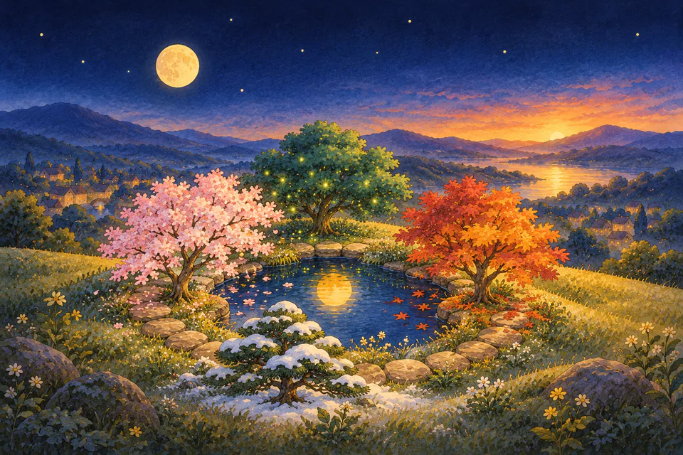 池のまわりに、春・夏・秋・冬の4本の木が輪になって立っている絵