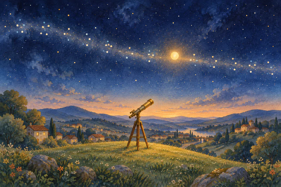 夜空の星の帯の上を、小さな太陽が進んでいく絵