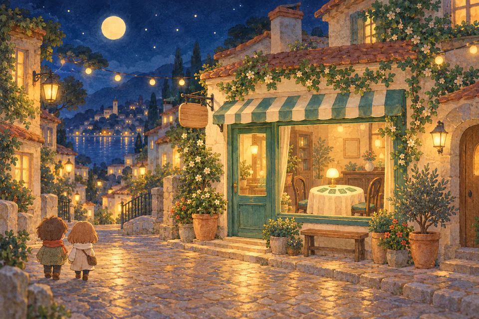 夜の街角に、やさしい灯りのともる小さな占いの店の入口がある絵