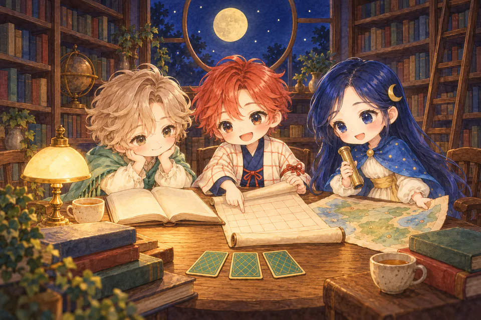 夜の書斎で、3人の占い師が本と暦と地図を広げて読みくらべている絵