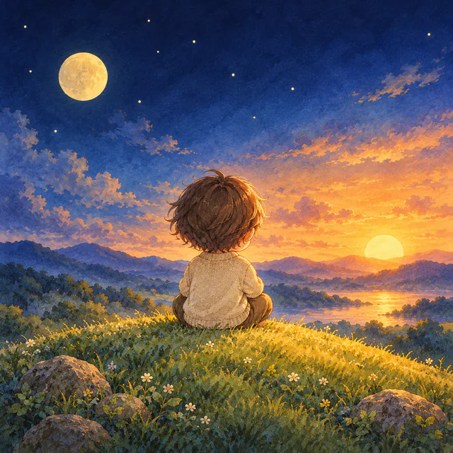 夕暮れの丘で、沈む太陽と昇る月のあいだに座って空を見上げる子どもの後ろ姿の絵
