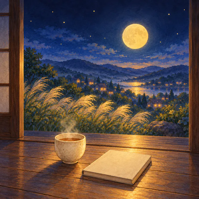 縁側から、すすきの向こうに満月を見る夜の絵
