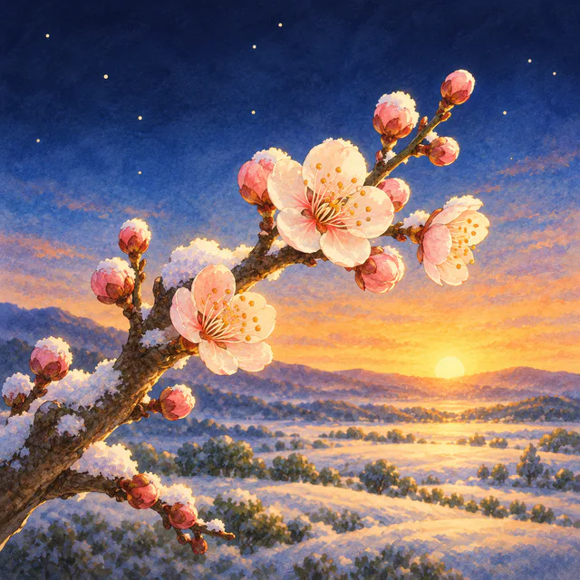 雪の残る夜明けに、梅の枝の先で最初の花が開いた絵