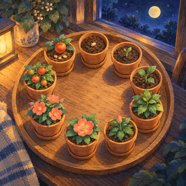 丸いお盆の上で、輪に並んだ鉢植えの芽が少しずつ育ち、花と実になっていく絵