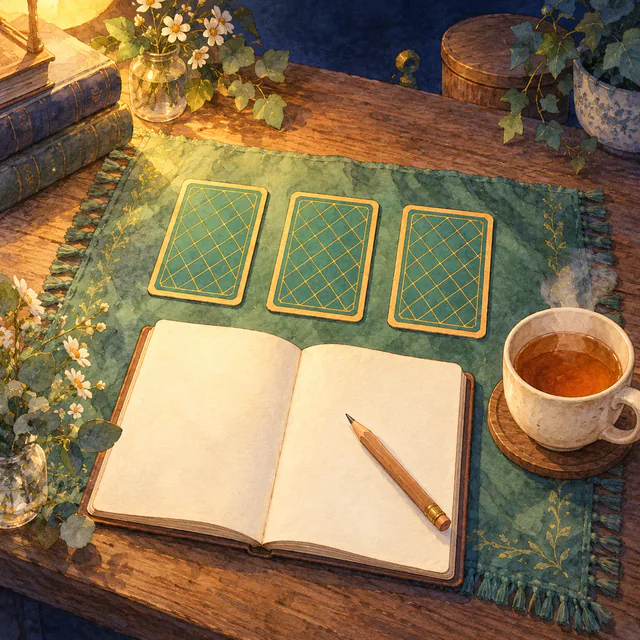 裏向きのカードが3枚並び、そばに白いノートとえんぴつとお茶がある絵