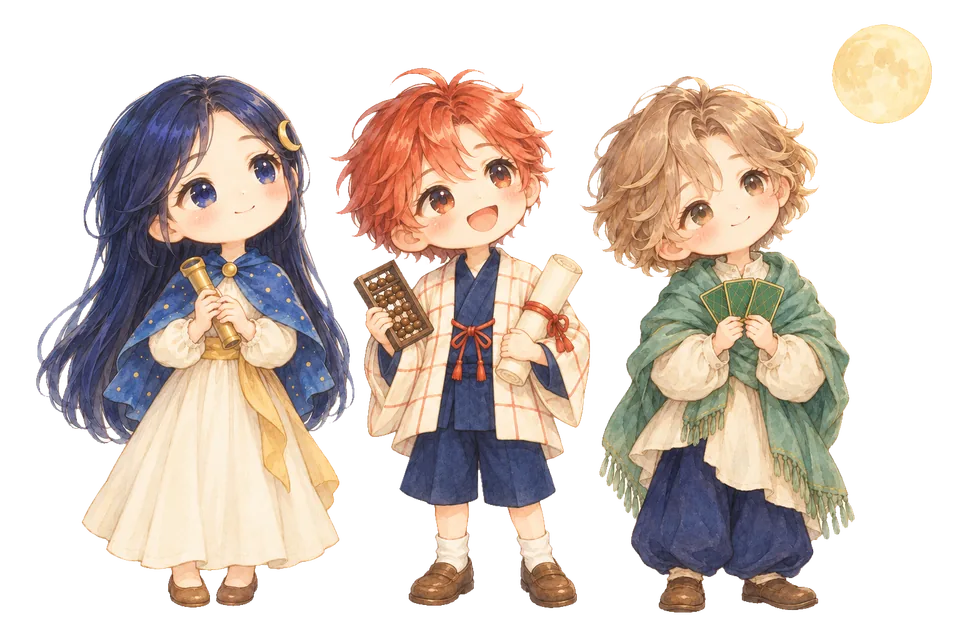 3人の占い師が、並んで月を見上げている絵