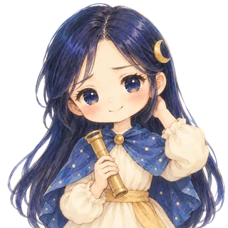 三日月の髪飾りの占い師が、頭に手を当てて困ったように笑っている絵
