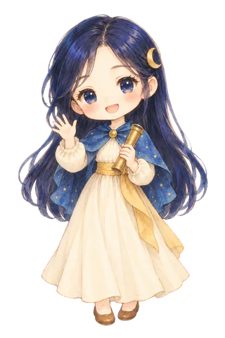 三日月の髪飾りの占い師が、手をふってあいさつしている絵